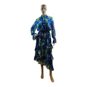 Misa Katja Womens Dress Small Multicolor Floral Chiffon Semi Sheer Button Ruffle